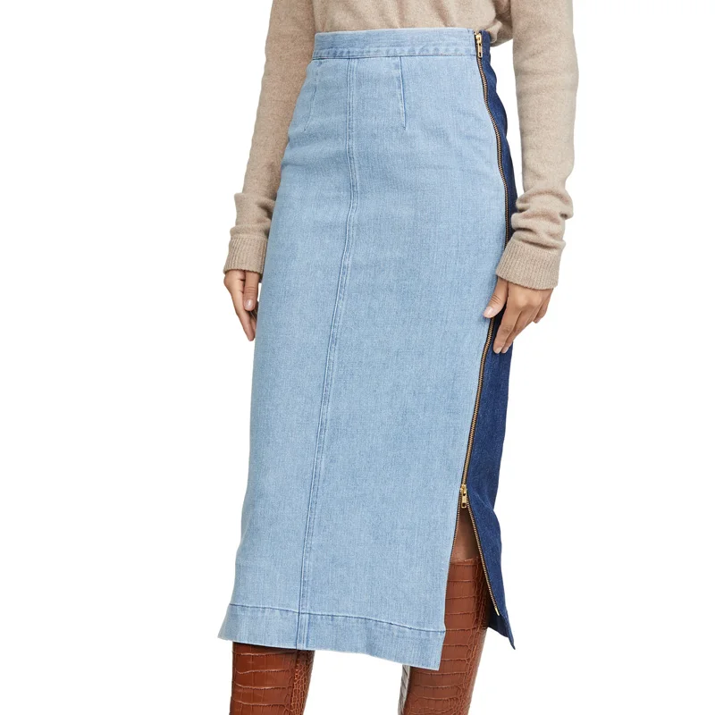 Contrast panel darted waist two way zip women denim jeans skirt knee length