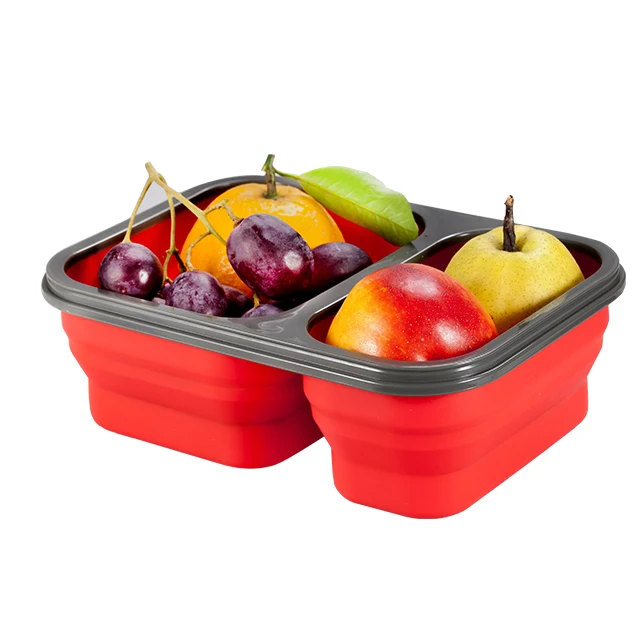2 Compartments Silicone Bento Lunch Box Collapsible Food Storage Containers Portable Lunch Boxes With Fork and Spoon For Kids