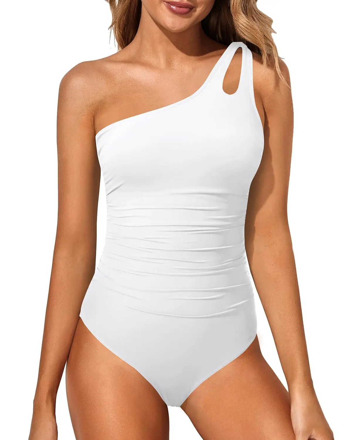 One Shoulder One Piece Swimsuit for Women Tummy Control Bathing Suits Modest Full Coverage Keyhole Swimwear