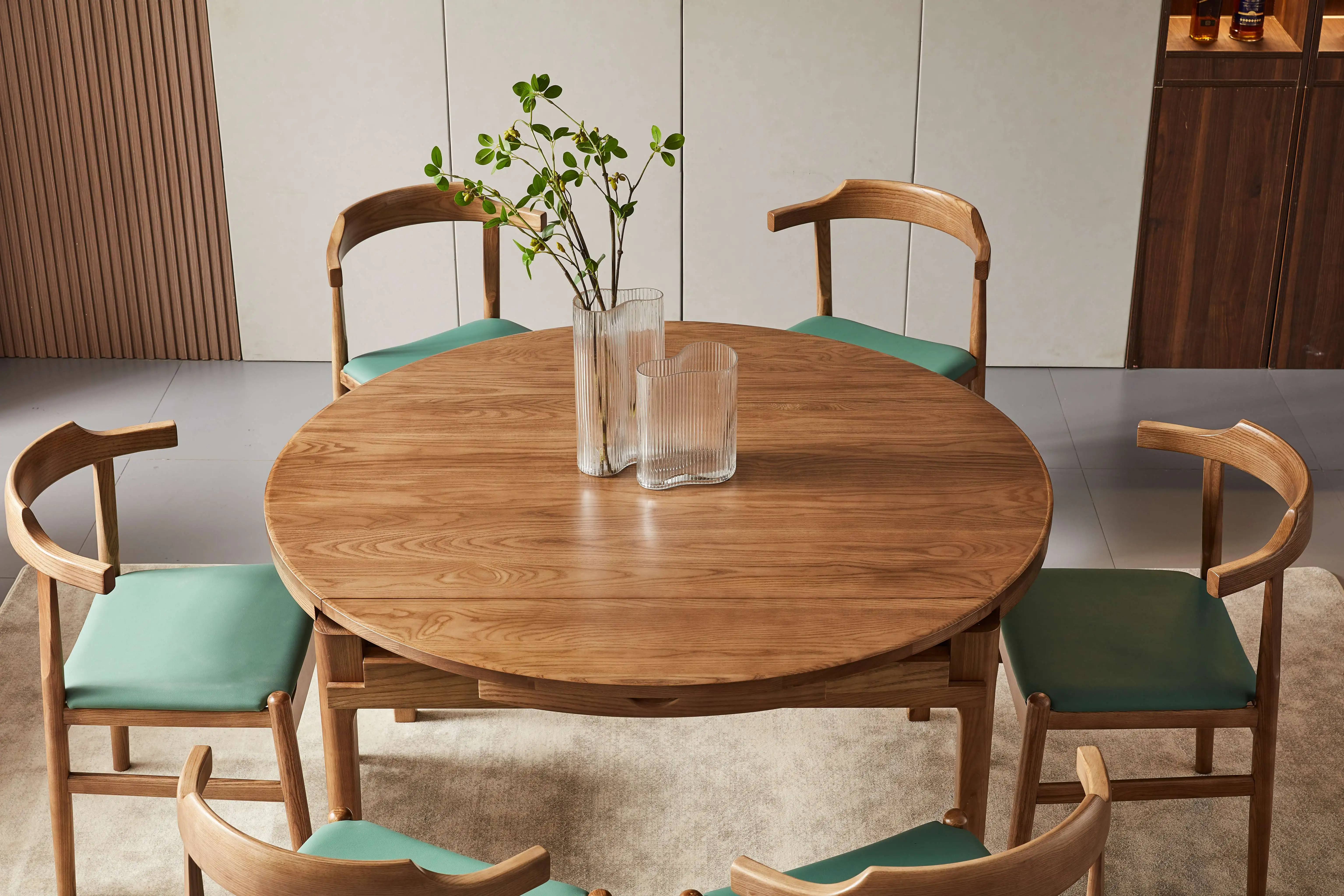 Italian Solid Wood Dining Table Rotating And Retractable Circle Dining Table Multifunctional Expandable Dining Table Set