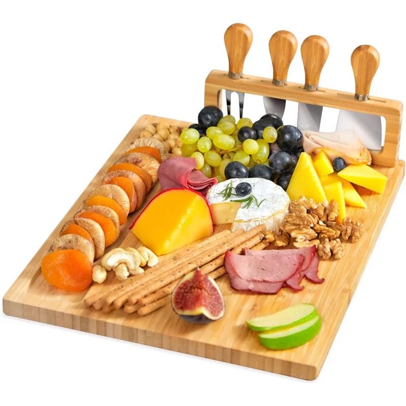 Most Popular Meat Platter Serving Tray Cheese Boards Custom Bamboo Charcuterie Board with Stainless Cutlery