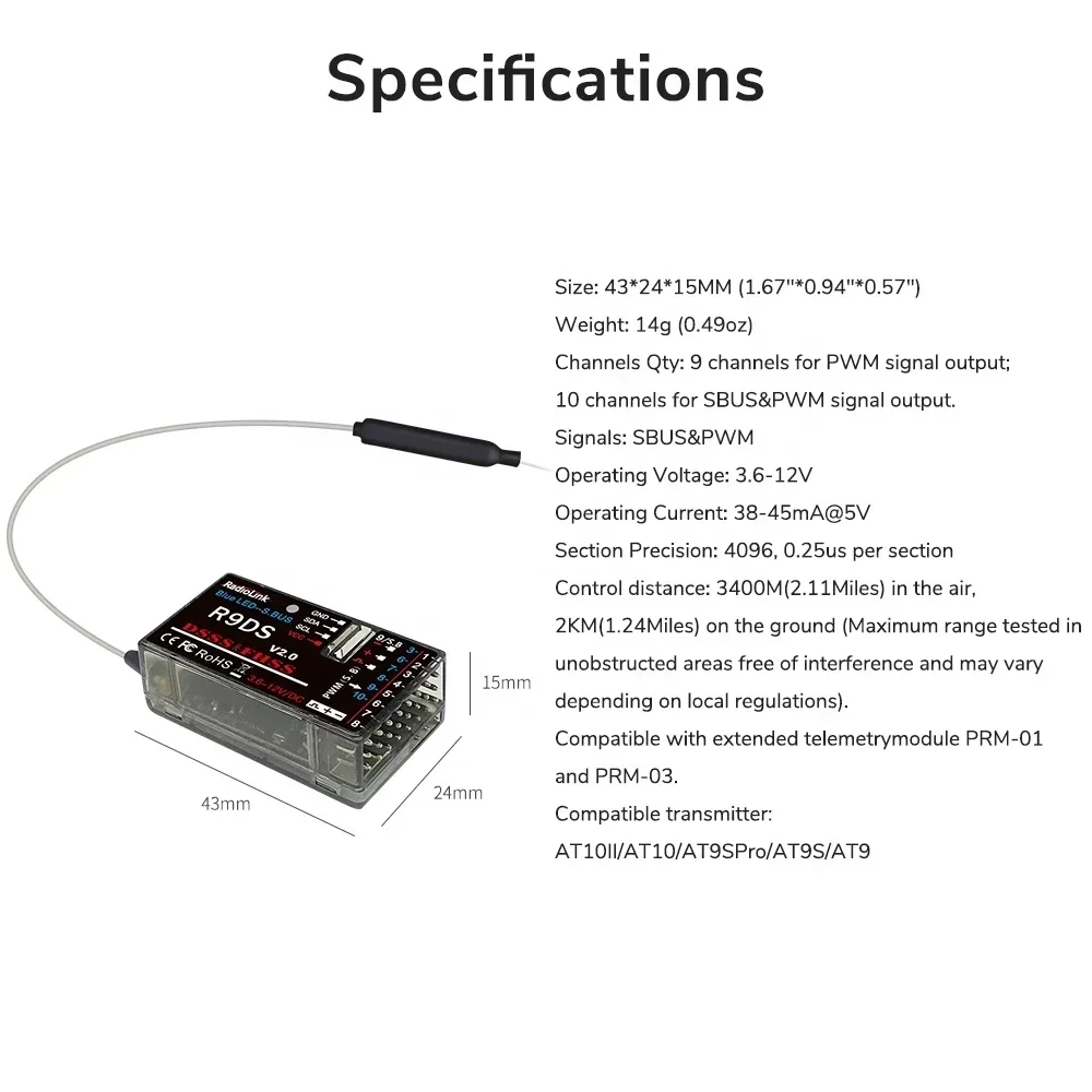 Radiolink R9DS V2.0 9 Channels RC Receiver SBUS/PWM/PPM Signal Compatible with AT9 AT9S AT10II AT10