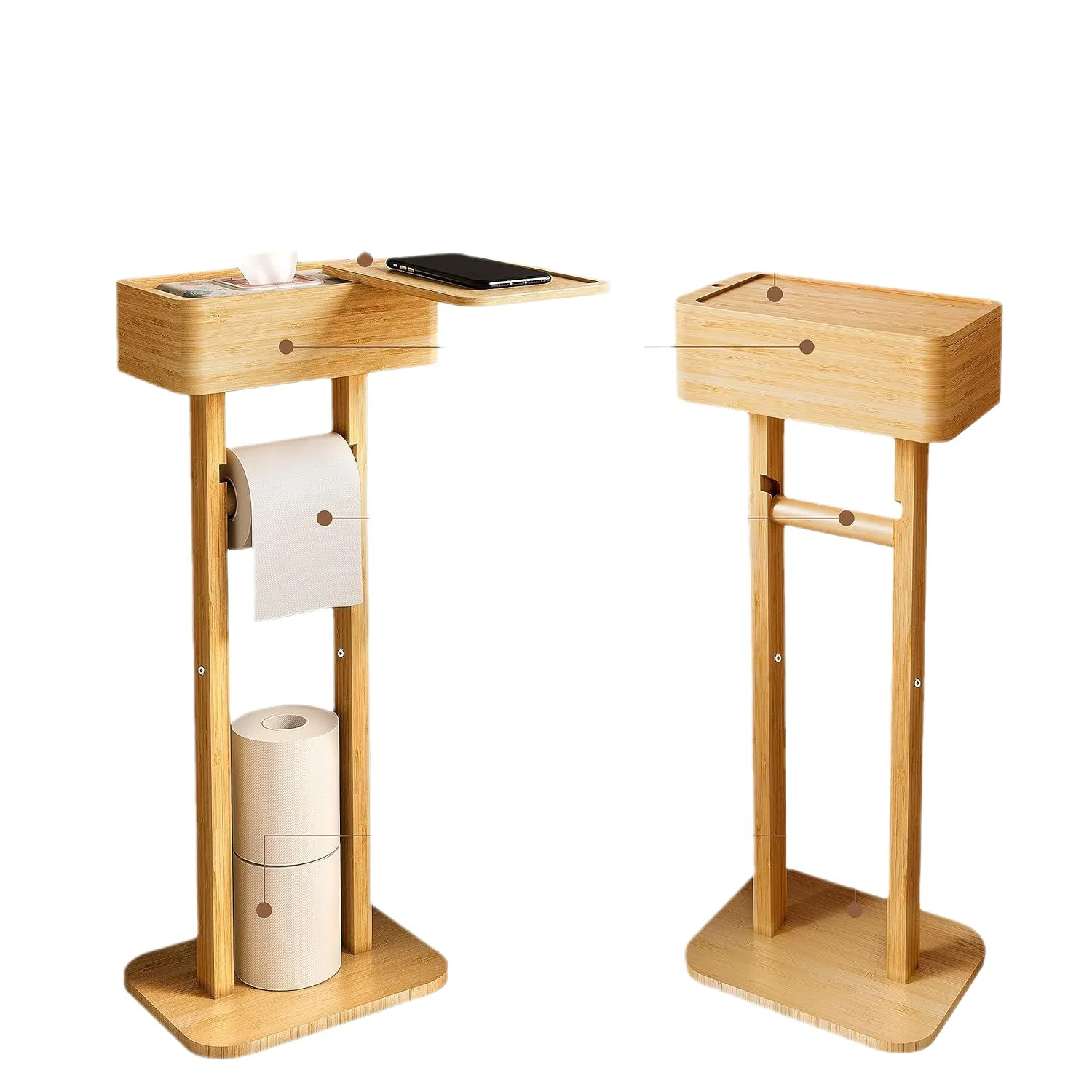 Bamboo Vertical Toilet Paper Roll Holder Cell Phone Organizer Bathtub Side Table Shelf