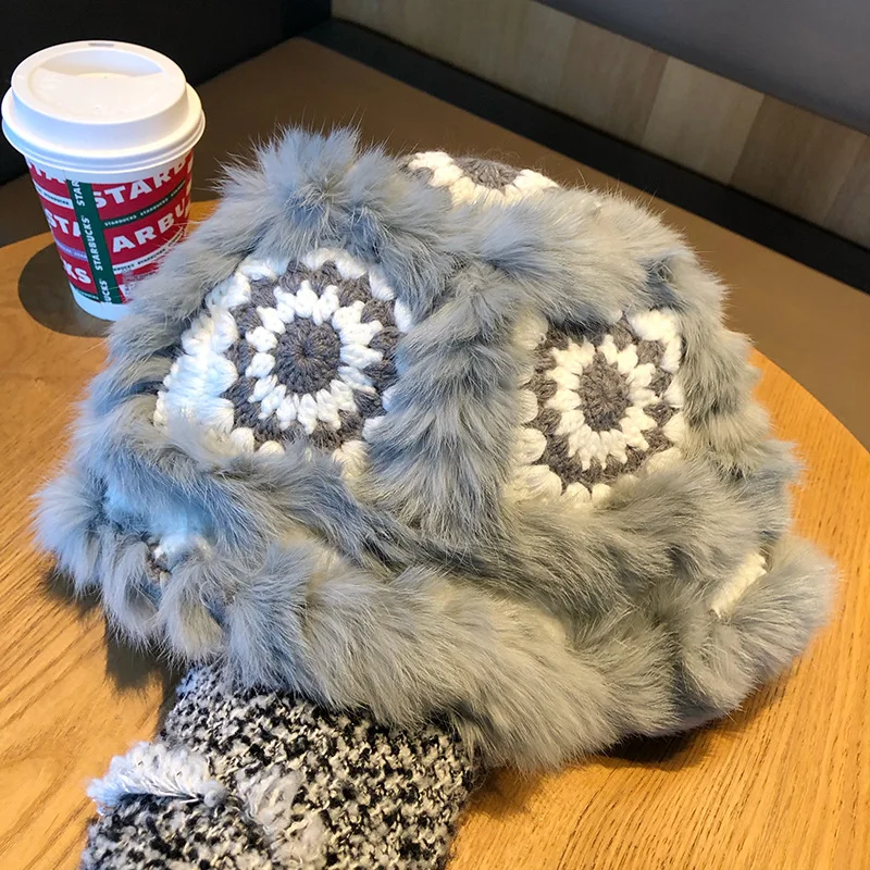 High Quality Cute Lion Pattern Furry Wool Warm Rabbit Fur Women Winter Knitted Beanie Hat 3m Hat