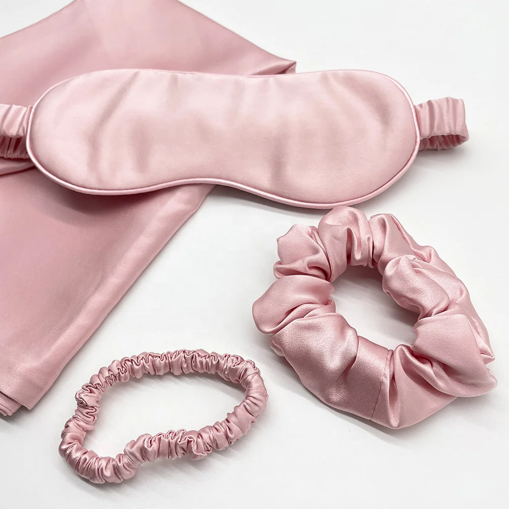 luxury custom print logo 19mm 100% mulberry pure silk travel set silk pillowcase silk eye mask scrunchies gift set