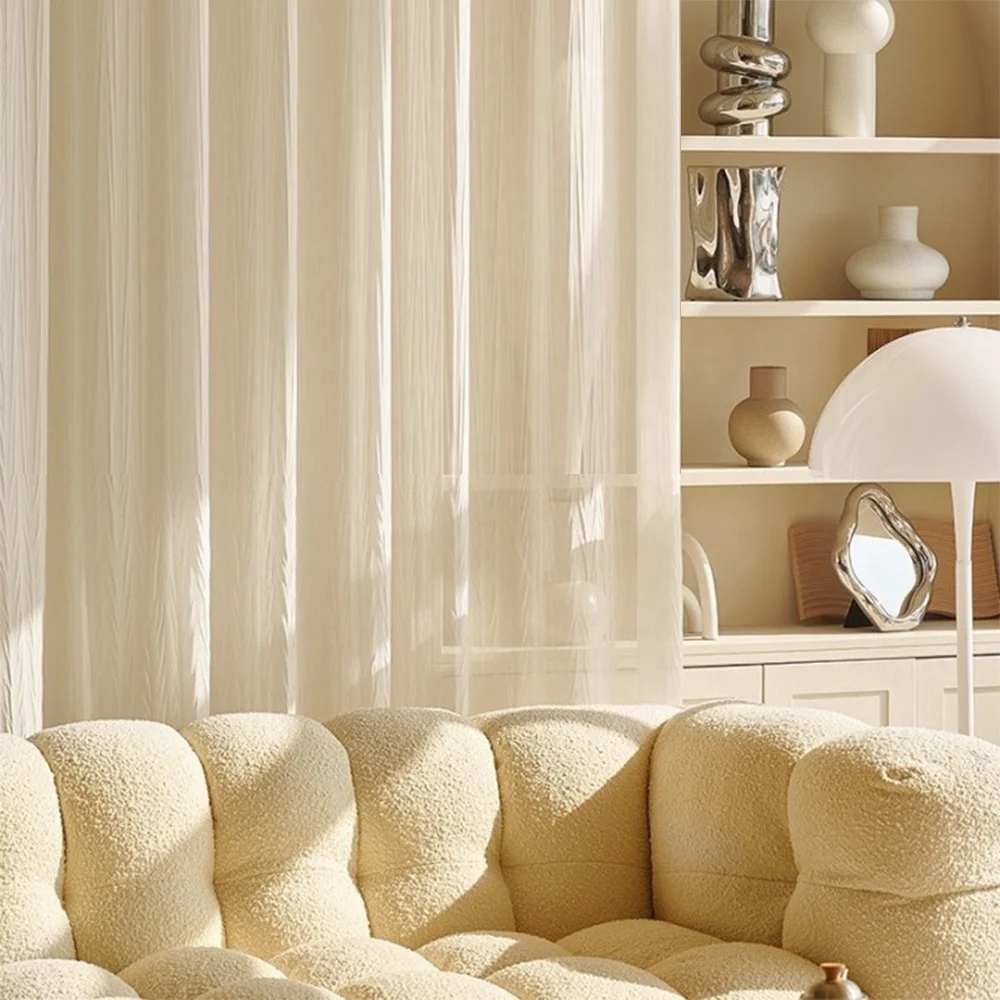 2024 New Beige Color Wrinkle Texture Transparent Pleated Gauze Sheer Curtain for The Living Room Window