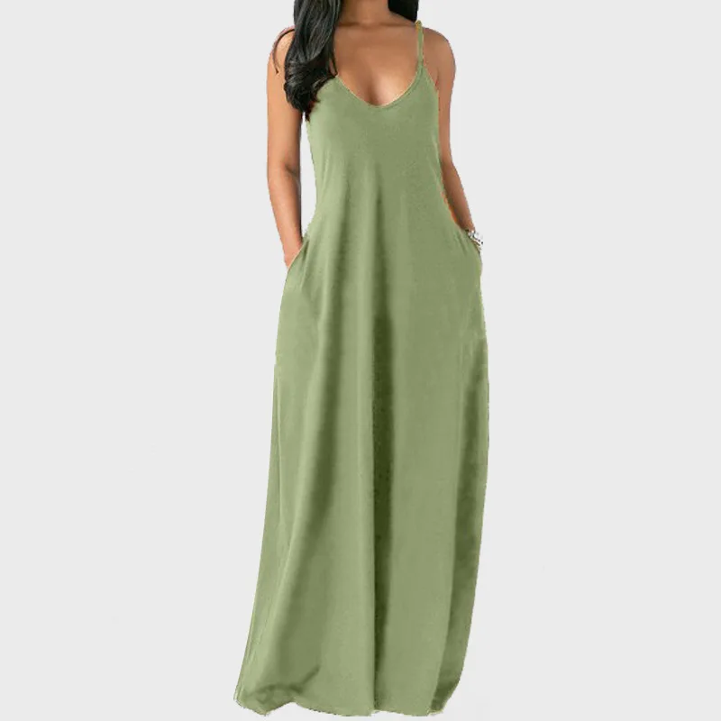 Women Pocket Long Dress Sexy V-Neck Sleeveless Loose Casual Dresses Summer Spaghetti Strap Solid Color Beach Maxi Dress S-5XL
