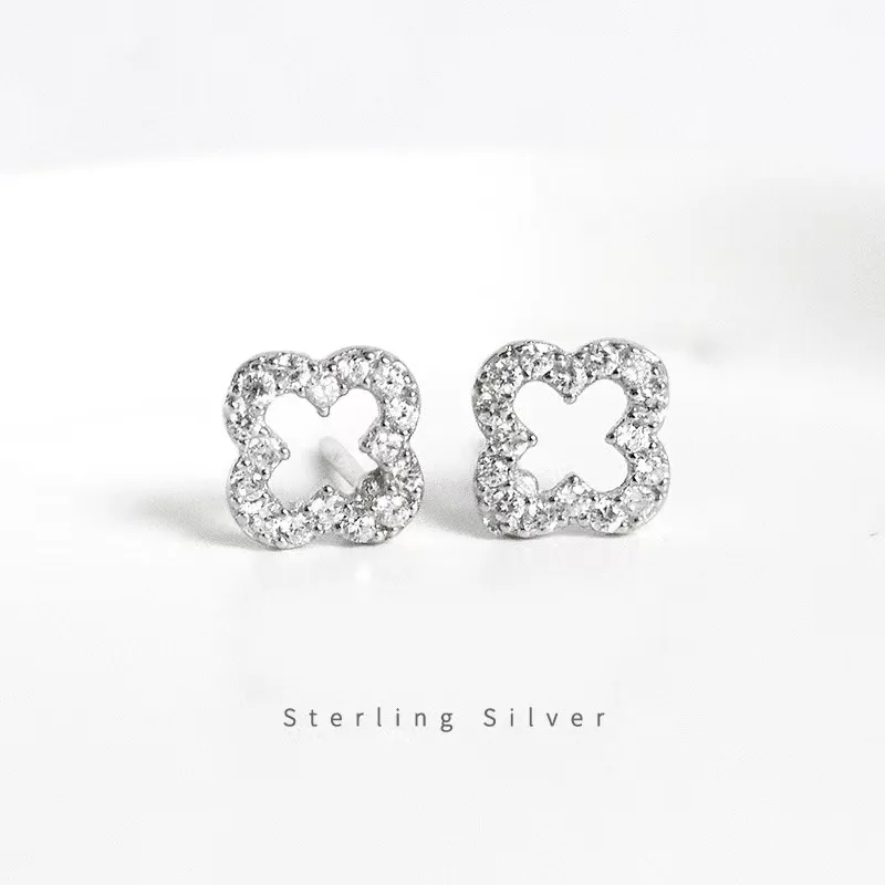 Korean earrings925 Sterling silver allergenic earrings hollowed-out four-leaf clover studs with full drill for women