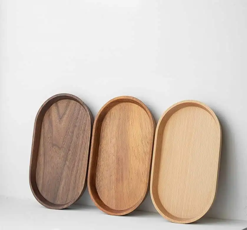 Wooden Serving Tray for Parties, Tea&Coffee Table Tray, Small Oval Wood Plate for Fruit&Snacksnon slip wooden food tray