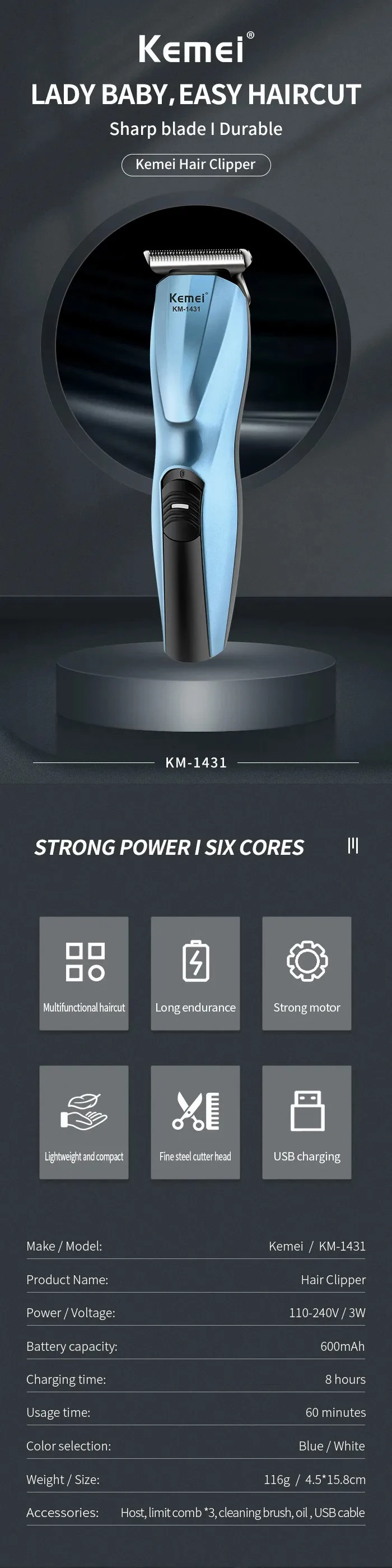 Kemei km-1431 Hot sales Professional Low Noise T Shaped Blade Quiet Motor Hair Clippers And Cordless Hair Trimmers