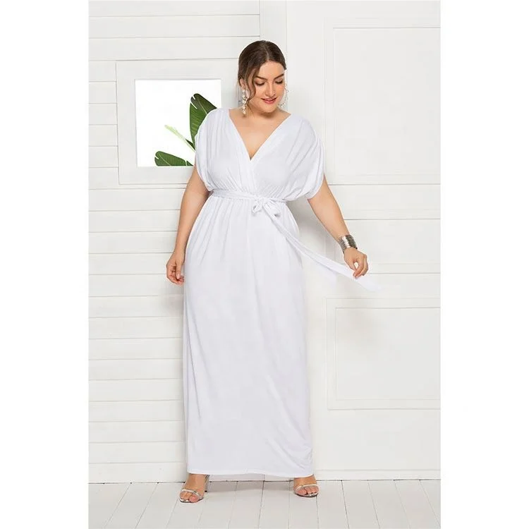 Оптовая продажа, женское длинное белое платье макси большого размера с V-образным вырезом и рукавом «летучая мышь»