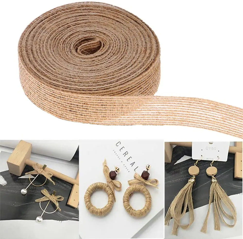 3 Rolls of  Natural Burlap Fabric with Beautiful Burlap Ribbon  Long 10M Wide 2cm  for Wedding Event Party and Home Decoration