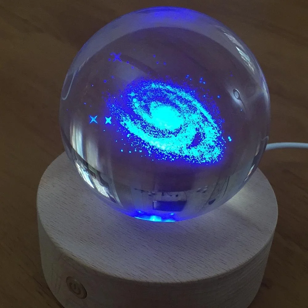 Solar System 80mm Crystal Ball Night Light Home and Office Decor Wood Base Planet Crazy 3D Ball Lamp