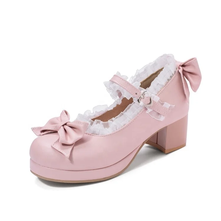 Dropshipping Lace Lolita Shoe Mary Jane Women Shoes Platform Block Heels Bow Woman Pumps Girls Cute Cosplay Kawaii Shoes