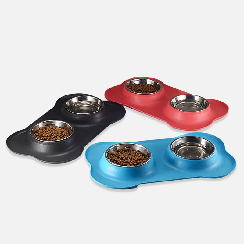 Silicone Mat Dog Feeder Travel Pet Bowl Stainless Steel Double Dog Feeding Food Bowl