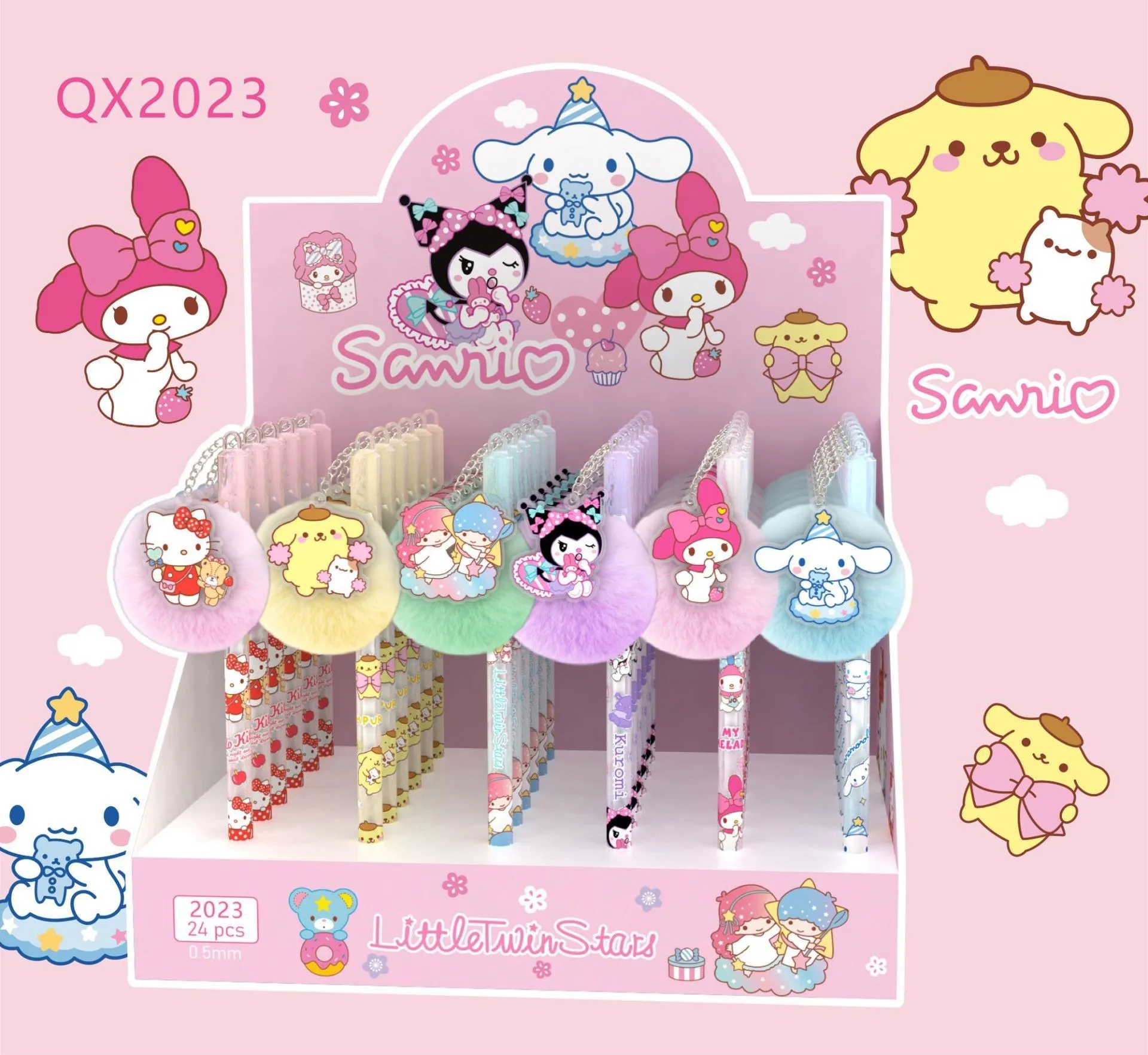 24pcs/set New Cartoon Sanrioed Cute Neutral Pen with plush ball Decompression Pen With Hanging Ornaments Stationery Wholesale