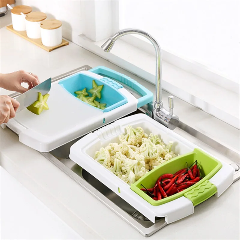 Multifunctional 3 in 1 Cutting Board Set With Colander Adjustable Chopping Block With Food Tray
