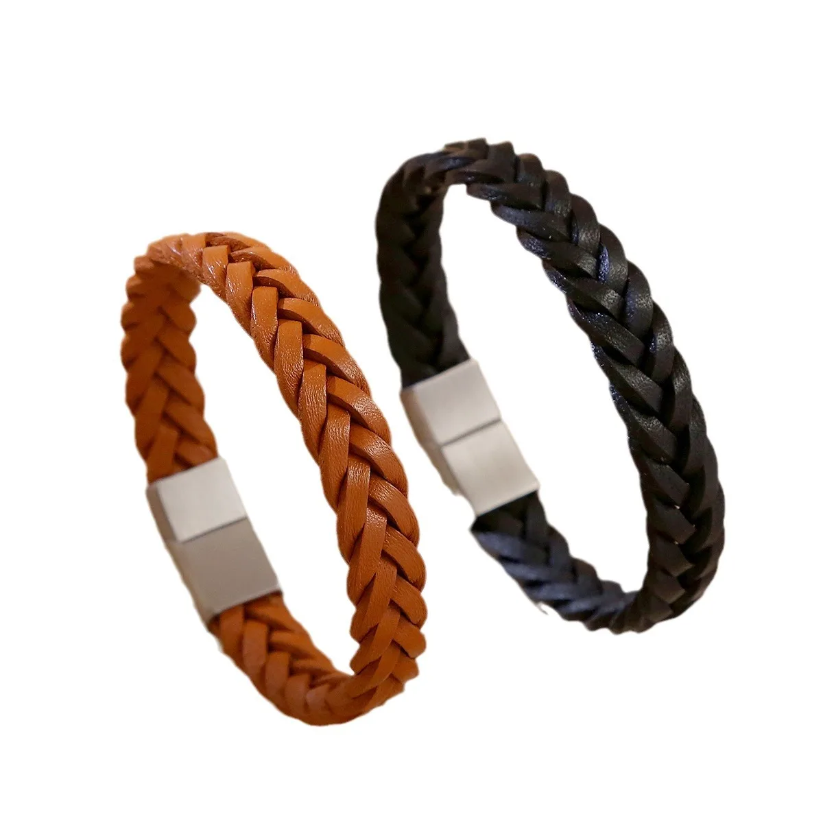 MCS017 Genuine Cowhide Leather Bracelet With Magnetic Clasp Braided Wristband for Men and Women Anniversary