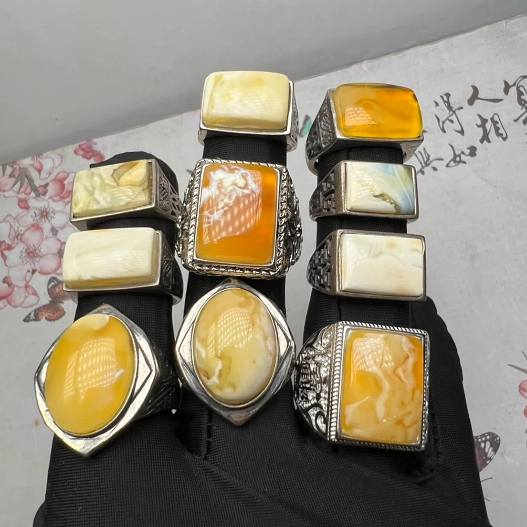 Amber jewelry Natural Baltic Russian amber stone polishing ring  inlay Golden white amber