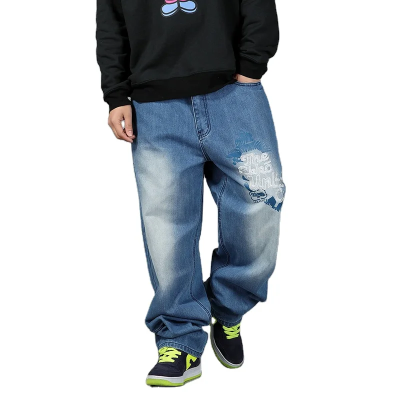 Mens Long Pants Baggy Loose Fit Jeans Rap Hip Hop Skate Denim Trousers Straight Stretch Casual Trousers