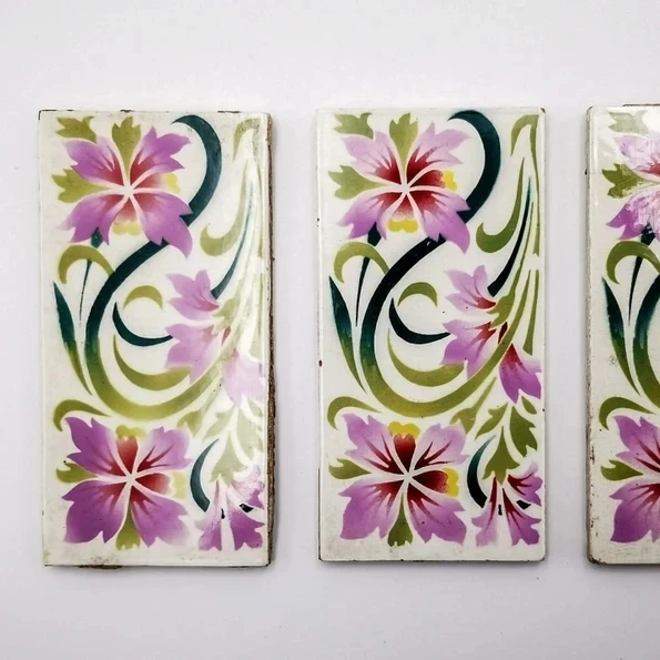 Antique French tiles Art Nouveau style stenciled & airbrushed flowers in purple and green antique rectangular tiles