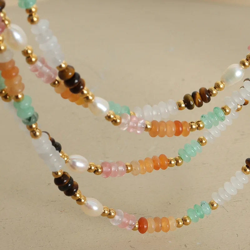 Zooying Natural freshwater pearl abacus beads pink tiger eye green stone beaded handmade necklace jewelry