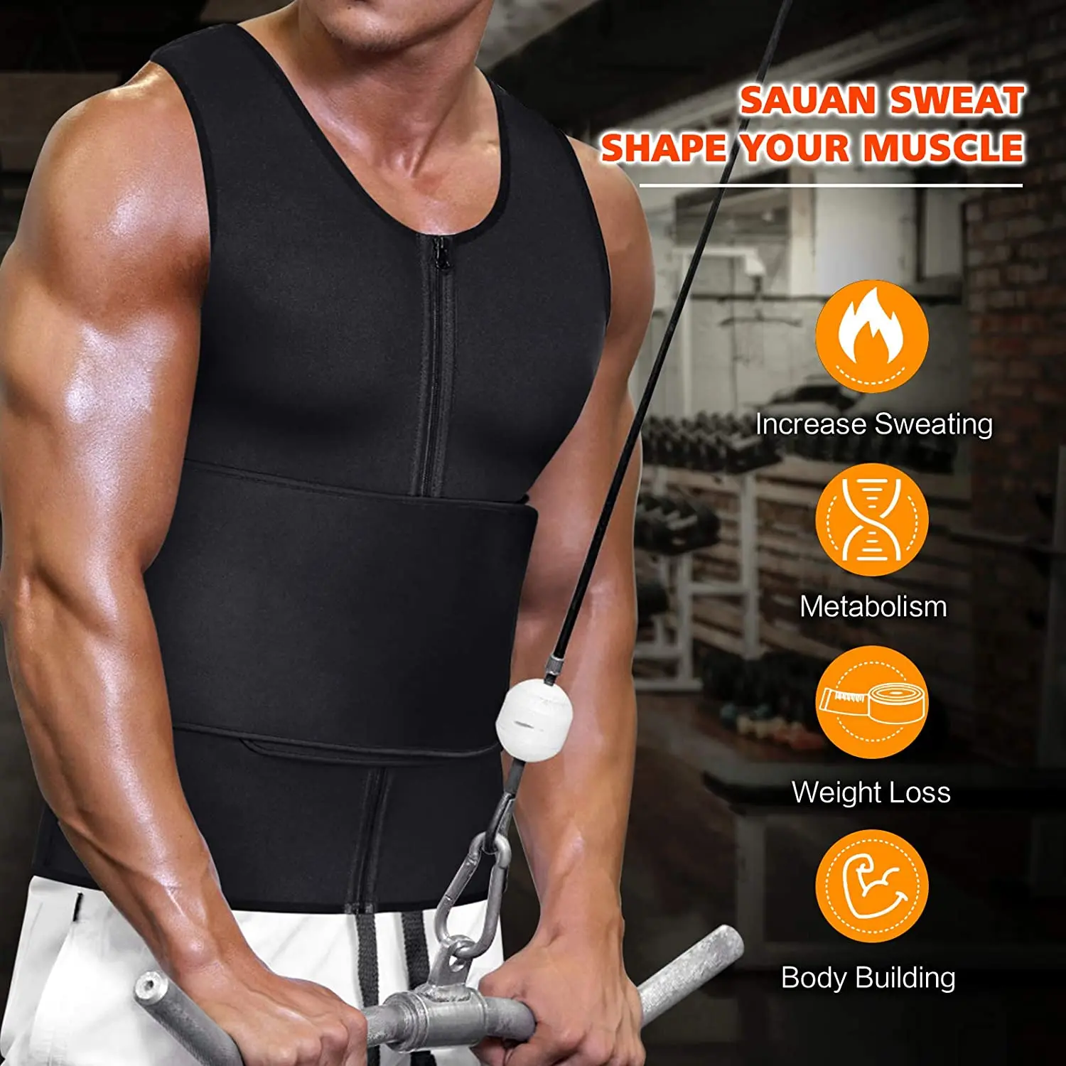 Neoprene Exercise  Slimming Body Shaper Sauna Suit Tank Top with single belt Zipper Waist Trainer Vest for Men