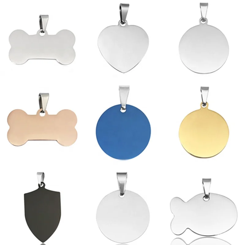 Classic stainless steel pet tag collection round square claw bone heart shield cat head hexagon pentagon fish blank engraved tag