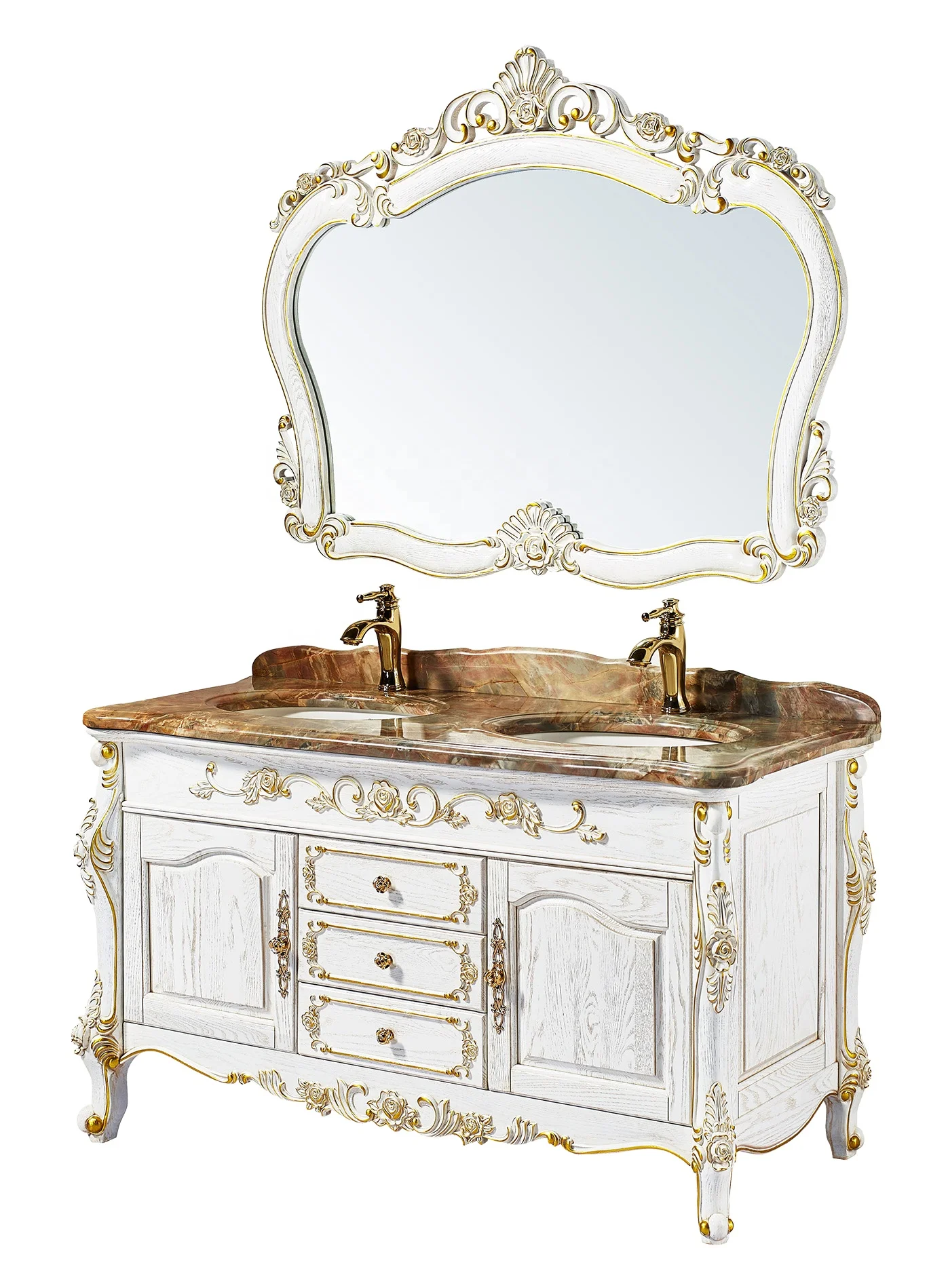 
High-end Hotel Luxury Antique Vanity Bathroom Solid Wood With Double Sink 