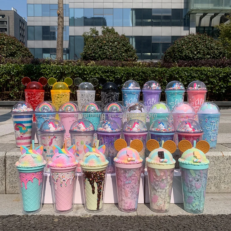 16oz UCHOME biscuits value cute mouse ear tumbler cups tea coffee double wall plastic tumblers with straw