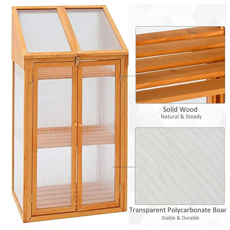 Growth Cold Frame House Double Door and Lockable lid Polycarbonate Large 3 Tier Wooden Transparent Wood Greenhouse