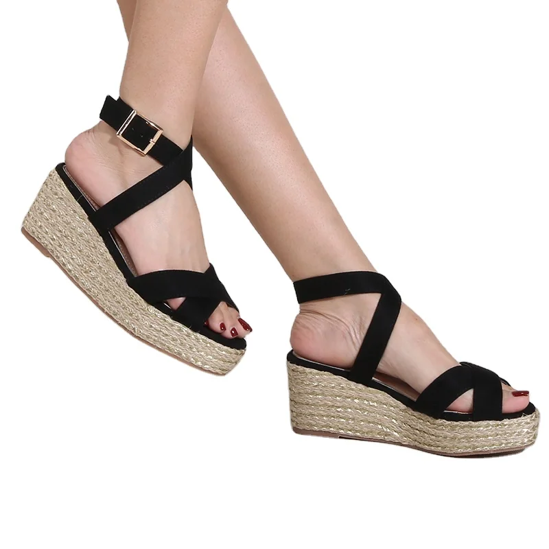 
2021 New Summer Women Wedge Sandals Fashion Buckle Cross Strap Wedge Sandals High Heels Sandals Shein Raffia Wedge For Ladies 