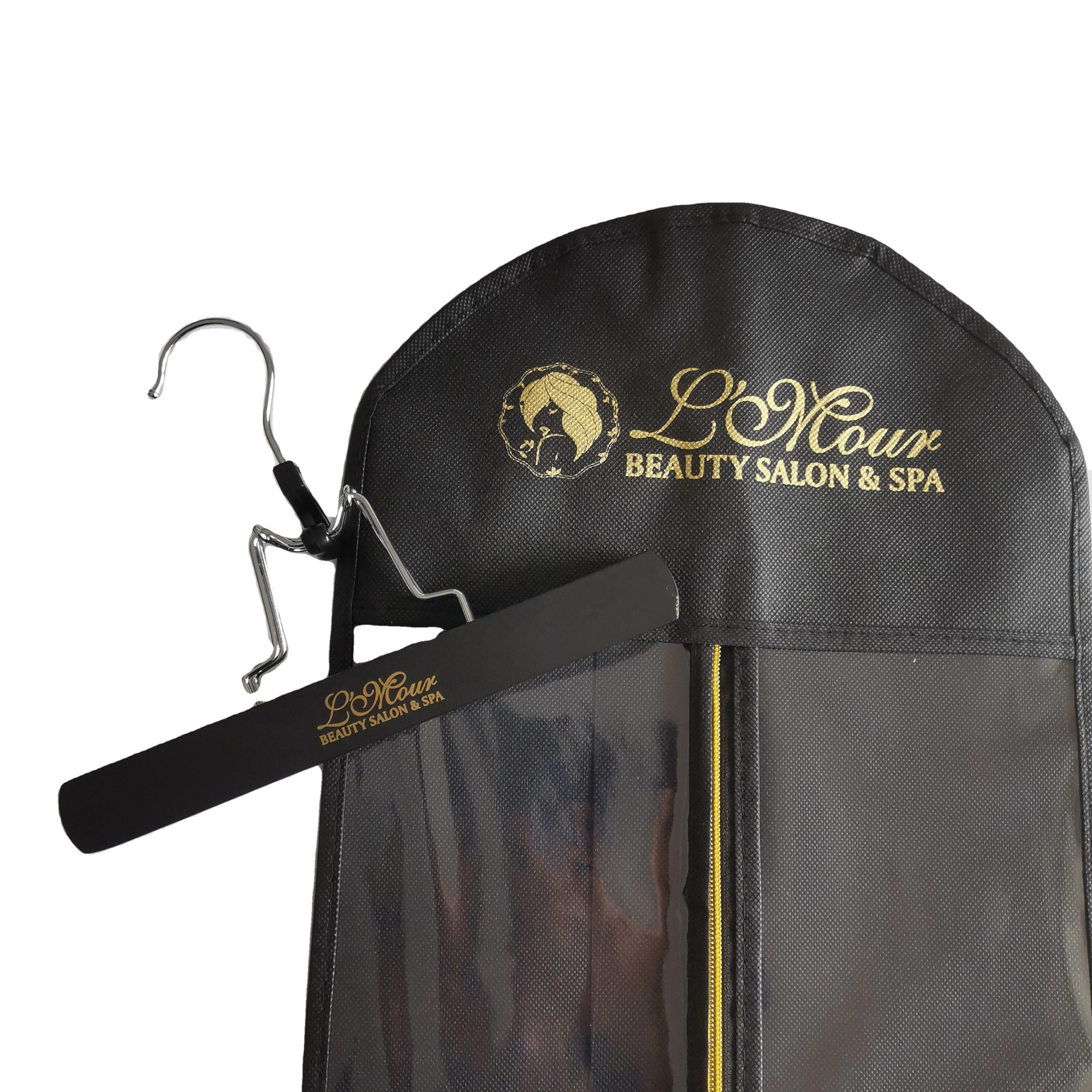 custom logo brand set wooden black clothes hanger Wig storage bag custom wood hair extension hanger