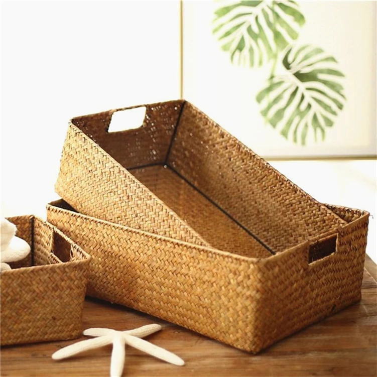 Handmade Woven Hanging Straws Laundry Wicker Box Natural Handcraft Home Organized Storage Baskets With Handles Seagrass Basket