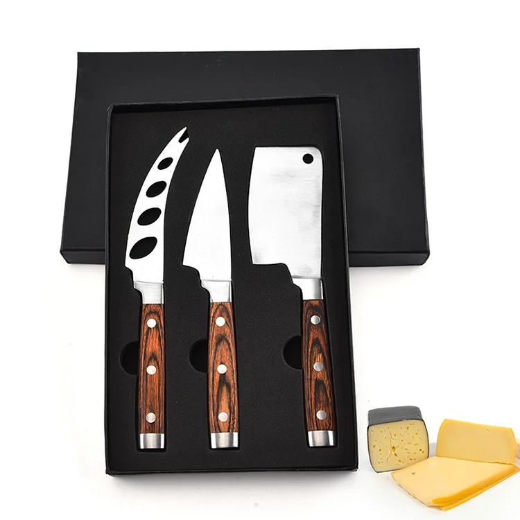 China Factory Luxury 3pcs Wooden Handle Stainless Steel Cheese Knife Set with Gift Box