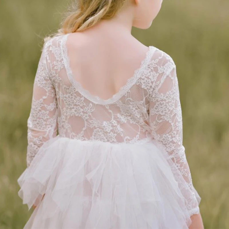 Custom Embroidery Ball Gown White Flower Princess Party Birthday Fluffy Dresses for Little Girls