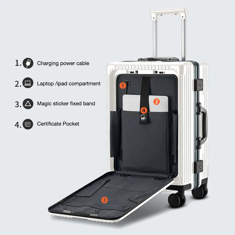 2023 New Design Multifunctional Front Open Luggage Aluminum Suitcase Travel Bag With Usb Charger And Cup Holder