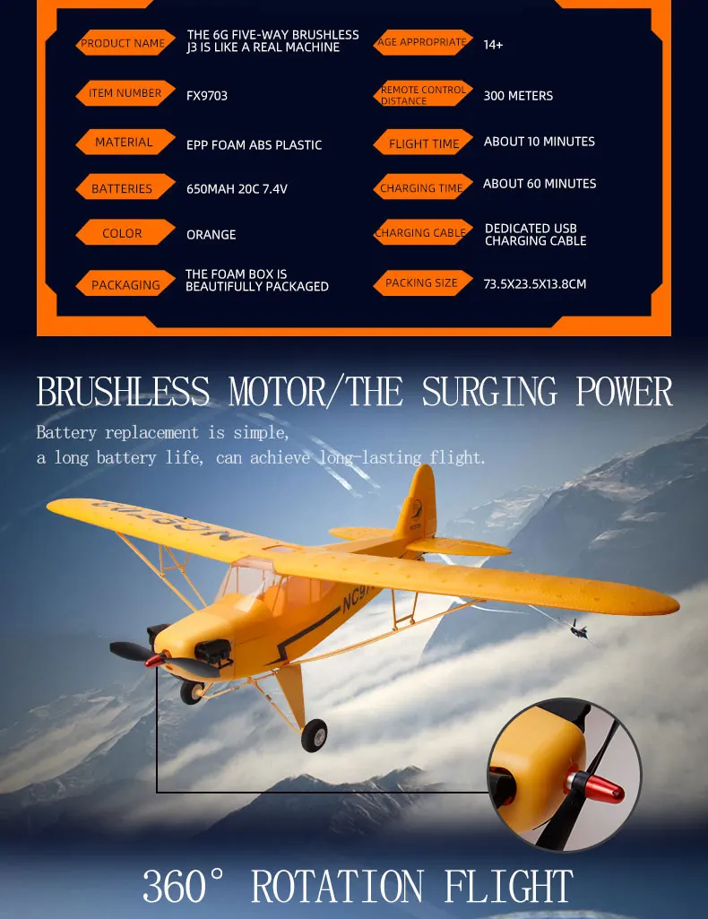 Newest FX9703 Remote Control Aircraft Model J3 Brushless 4CH Six-Axis Stabilized 3D Fixed Wing RC Airplane Glider Yellow Color