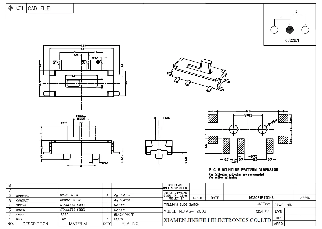 Мини-ползунковый переключатель SPDT MS-12C02 1P2T вертикальный типа SMT smd micro ползунковый постоянного тока 12V 0.5A max 10000 циклов срок службы