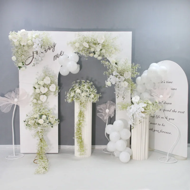 White Orchid Palm Gypsophila Artificial Flower Row Wedding Backdrop Arch Decor Hanging Corner Flower