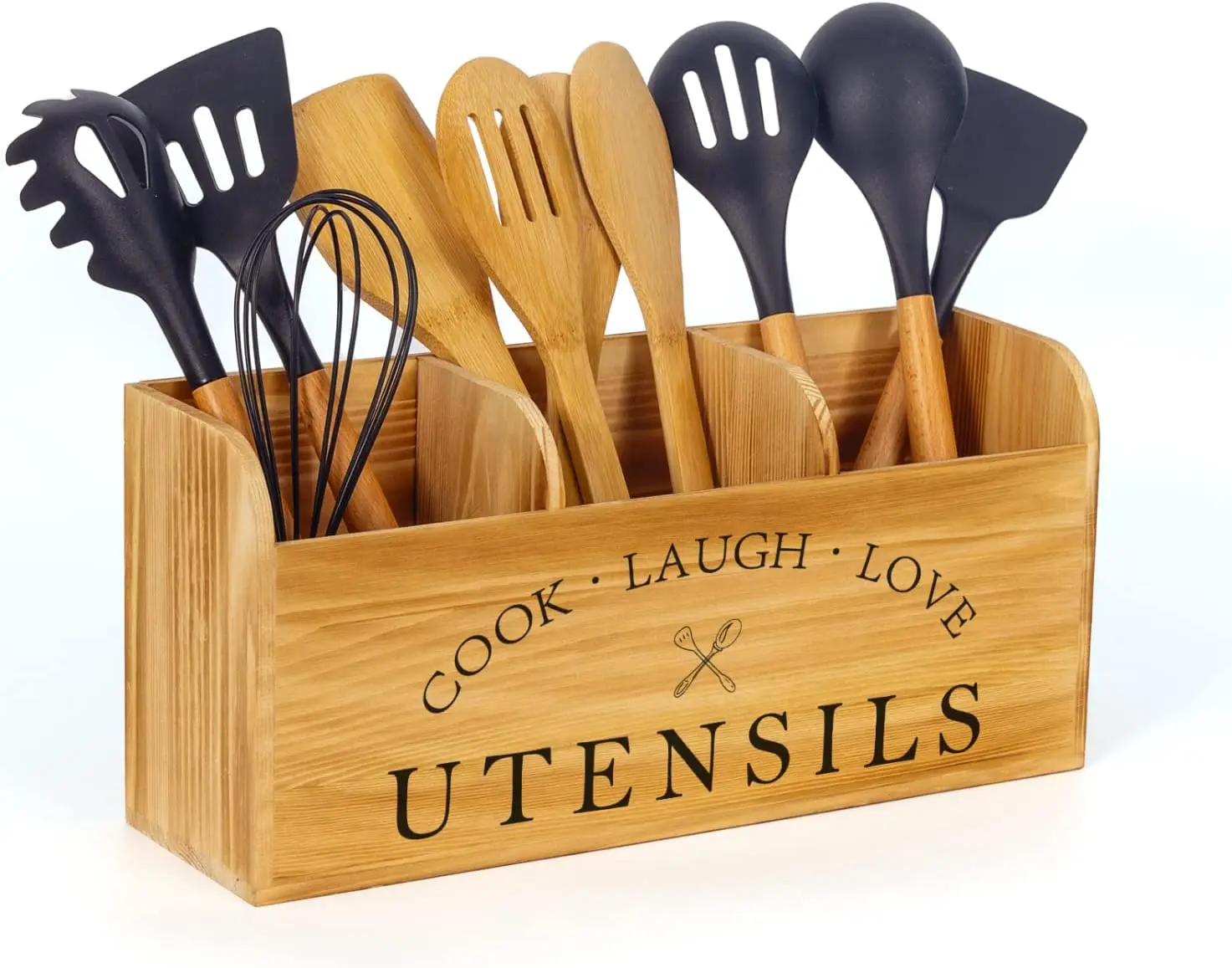 Farmhouse Cheap Small Cooking Rustic Wooden Kitchen Organizer Wood Utensil Holder for Countertop