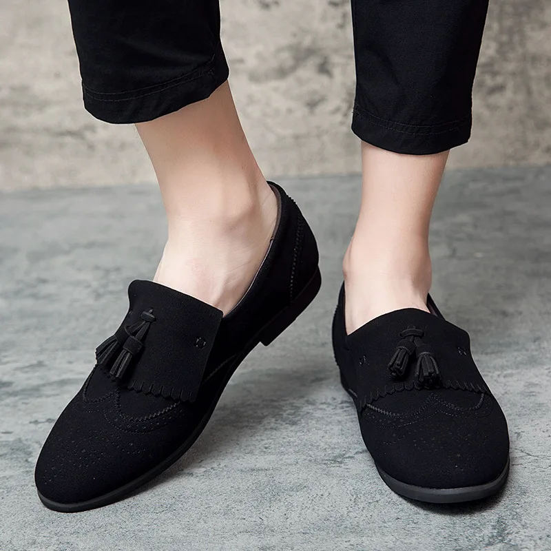  Броги с цветком мужские туфли британская ретро бахрома слипоны заостренные кожаные корейский стиль увеличивающая рост обувь для парикмахера