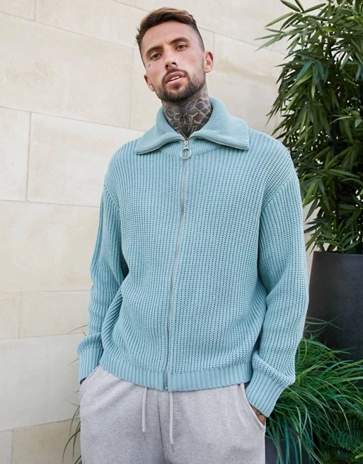 
knitted oversized zip through funnel in light green High collar Zip fastening Drop shoulders Ribbed trims Oversized fit jacket 