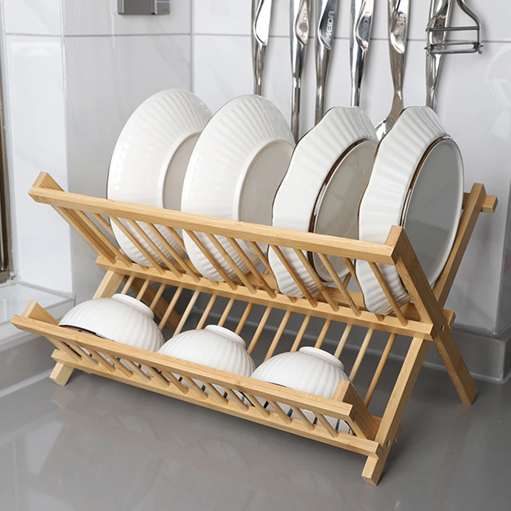 Dish Drainer Bamboo Dish Drying Rack with Utensil Holder.Collapsible2-Tier Folding Drying Holder for Kitchen