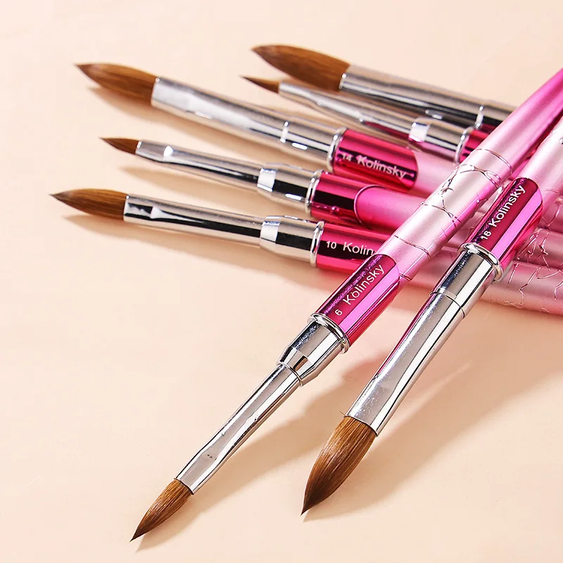 High Quality Kolinsky Acrylic Nail Brush Set Mink Hair Nail Liner Art Carving Tools Sizes #2 to #18 Wholesale Metallic Handle