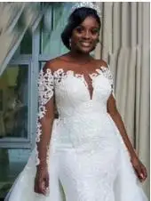 
Wedding dress 2020 new one-shoulder long-sleeved bride wedding mermaid evening dress European and American lace wedding dress 