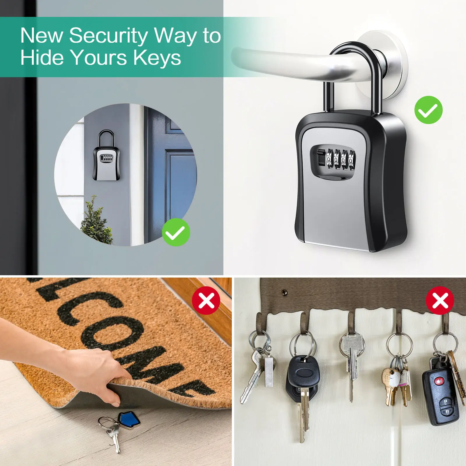 Key Lock Box Wall Mounted Key Safe Box Weatherproof 4 Digit Combination Storage Indoor Outdoor Key Storage Holder