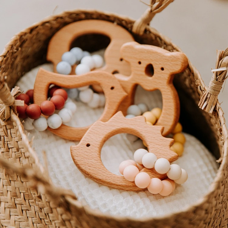 Olive Oil Natural Wooden Food Grade Silicone Baby Animal Teether Chewing Bracelet Rattle