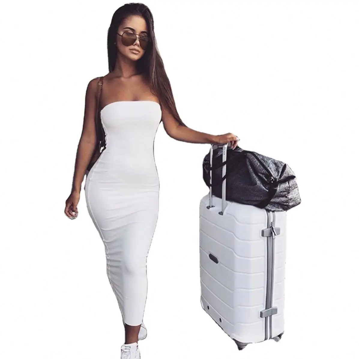 
KG4811 2021 New Arrivals Lady Fashion Bodycon Sexy Long Sun Dresses 2021 Women Slim Beach Dress With Wrapped Chest 