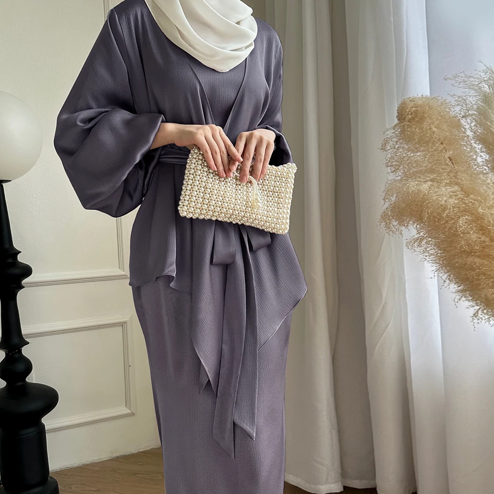 2024 Latest Islamic Muslim Women Dress Inner Slip dress 2 Piece Abaya Set Solid Color Satin Modest Muslim Women Dress